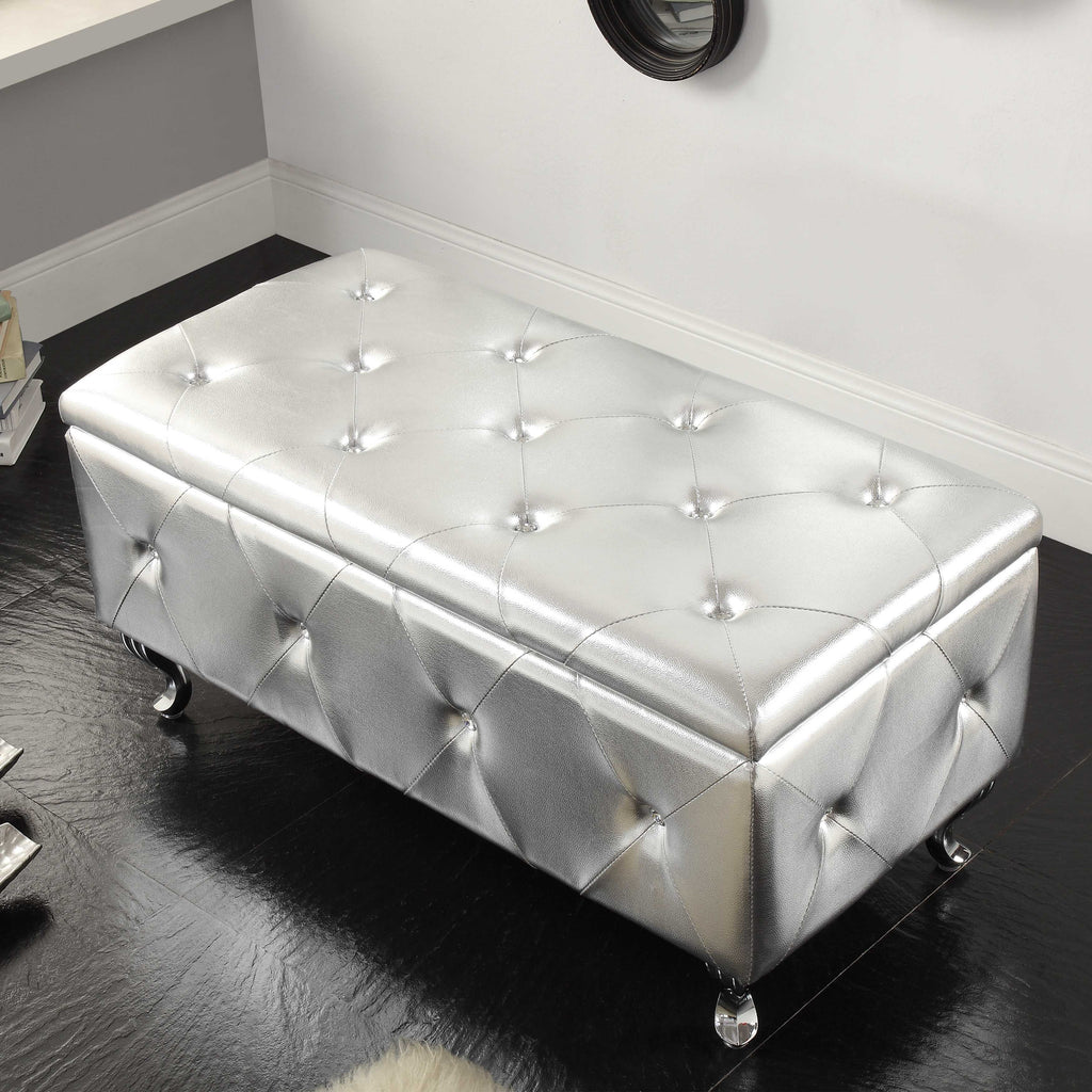 Silver Tufted Hard Wood Storage Bench G531