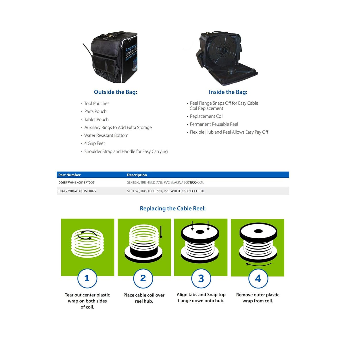 Kit of Service Bag, Reel, and 500' White and Black Cables R80799