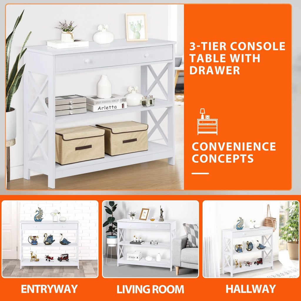 White Wooden Console Table with 1 Drawer and 2 Storage Shelves Y508202