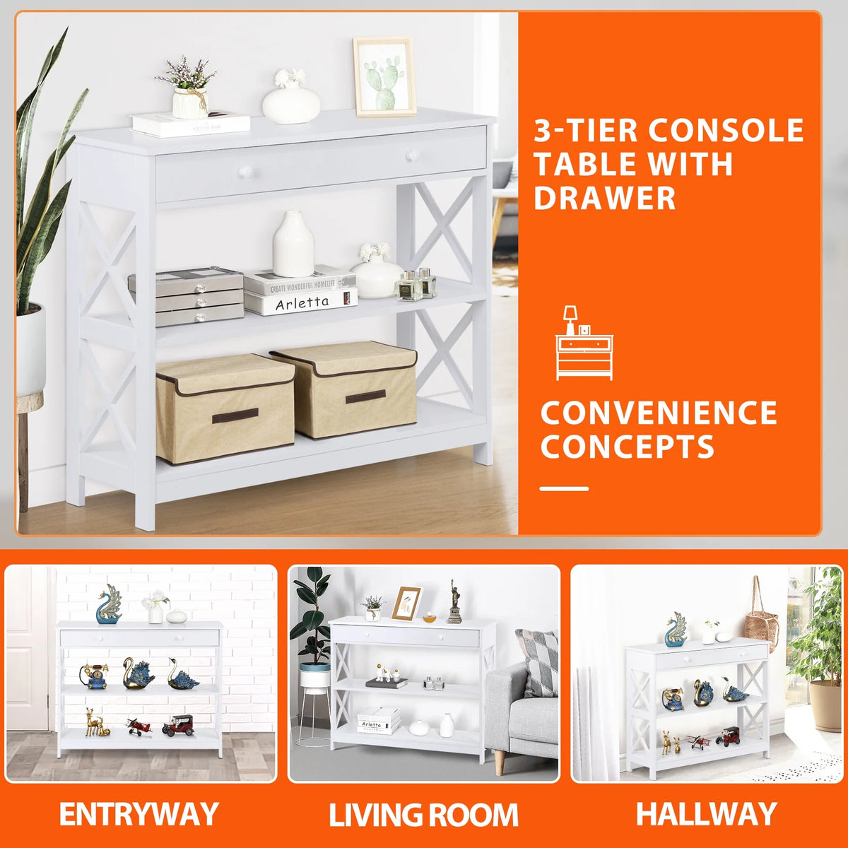 White Wooden Console Table with 1 Drawer and 2 Storage Shelves Y508202