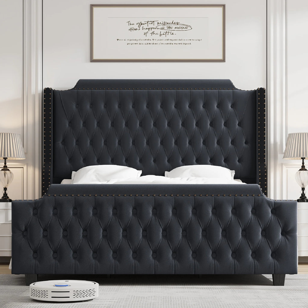 Queen Size Velvet Button Tufted Upholstered Bed with Headboard G90833