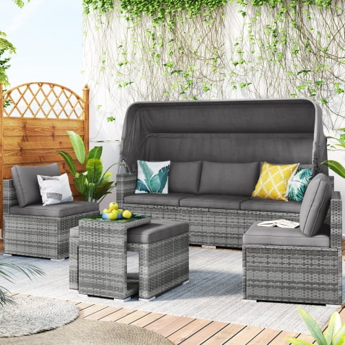 5 Pieces Wicker Patio Conversation Set with Canopy and Glass Side Table Y45036
