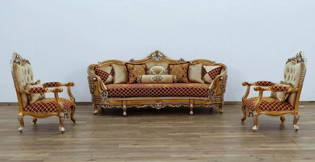 Red & Gold Wood Trim Sofa Set 3 P69867