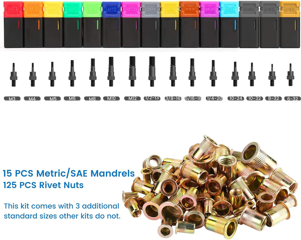 16" Rivet Nut Tool Kit with 15 PCS Mandrels and 125 PCS Rivet Nuts F963066