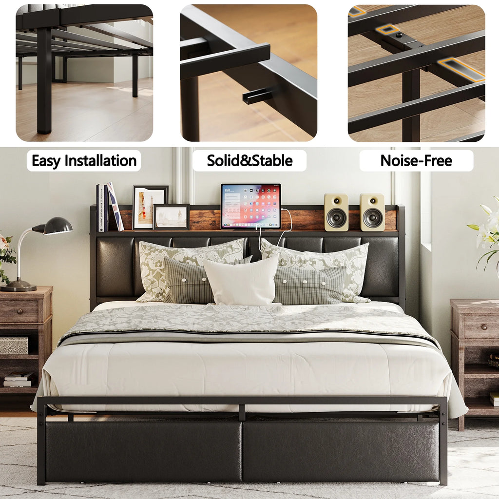 King Storage Bed Frame with Charging Station and Drawers I3258