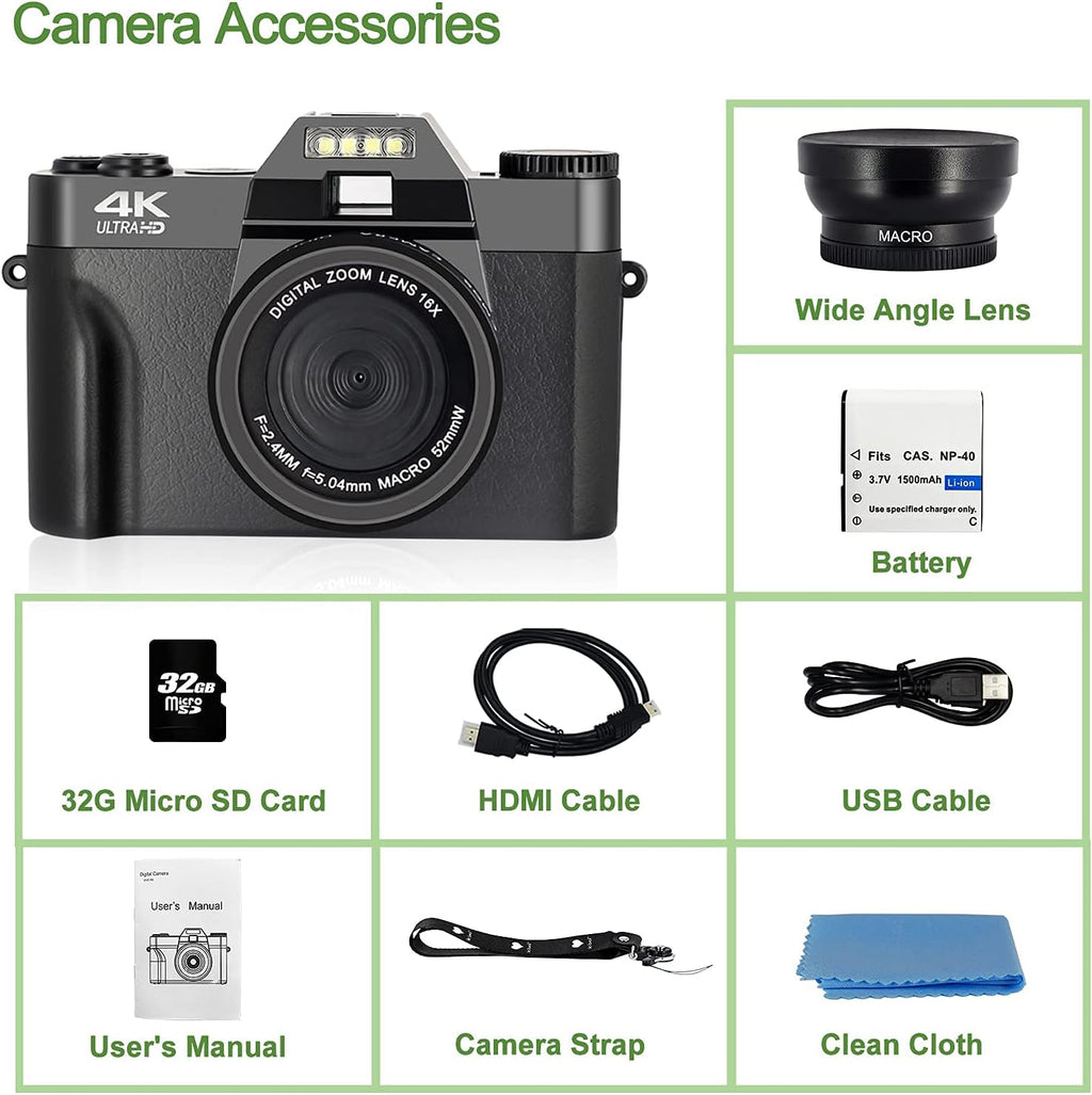 4K 48MP Digital Camera with 3.0 inch 180° Flip Screen and 32GB Memory Card E67382