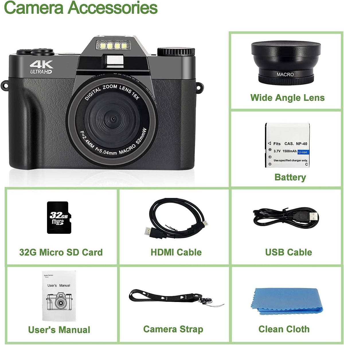 4K 48MP Digital Camera with 3.0 inch 180° Flip Screen and 32GB Memory Card E67382