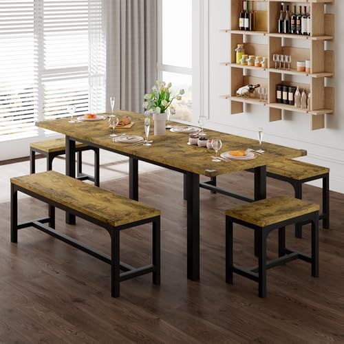 5-Piece Extendable Wooden Dining Table Set with 2 Benches and 2 Stools G6513