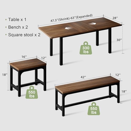 5-Piece Extendable Wooden Dining Table Set with 2 Benches and 2 Stools G6513