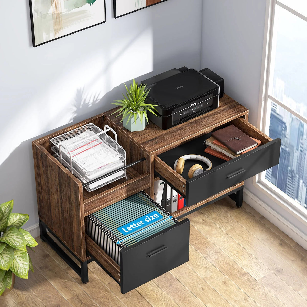 2 Drawer Wood File Cabinet with Storage Shelves H88940