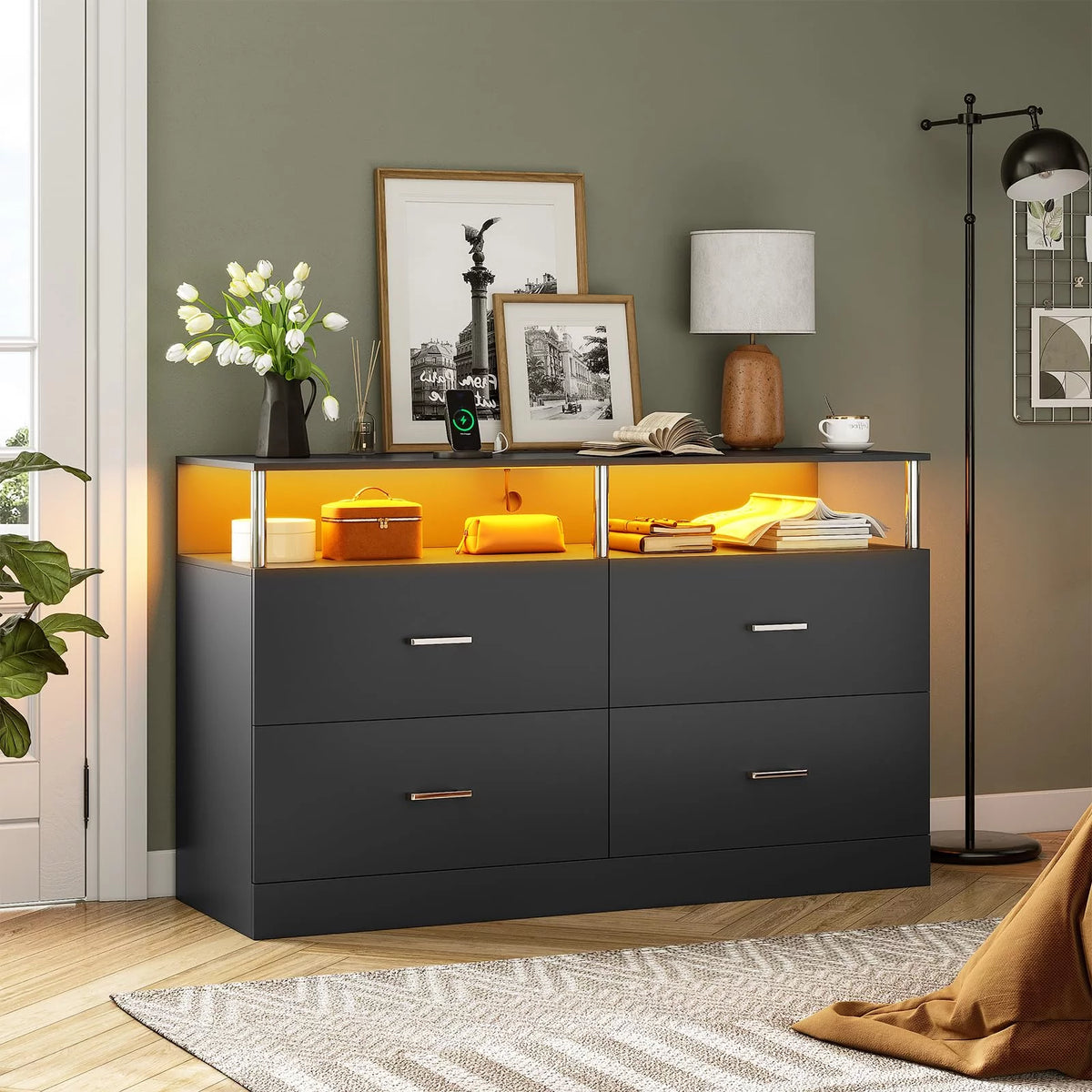 Black 4 Drawer Dresser with LED Lights & Charging Station B563