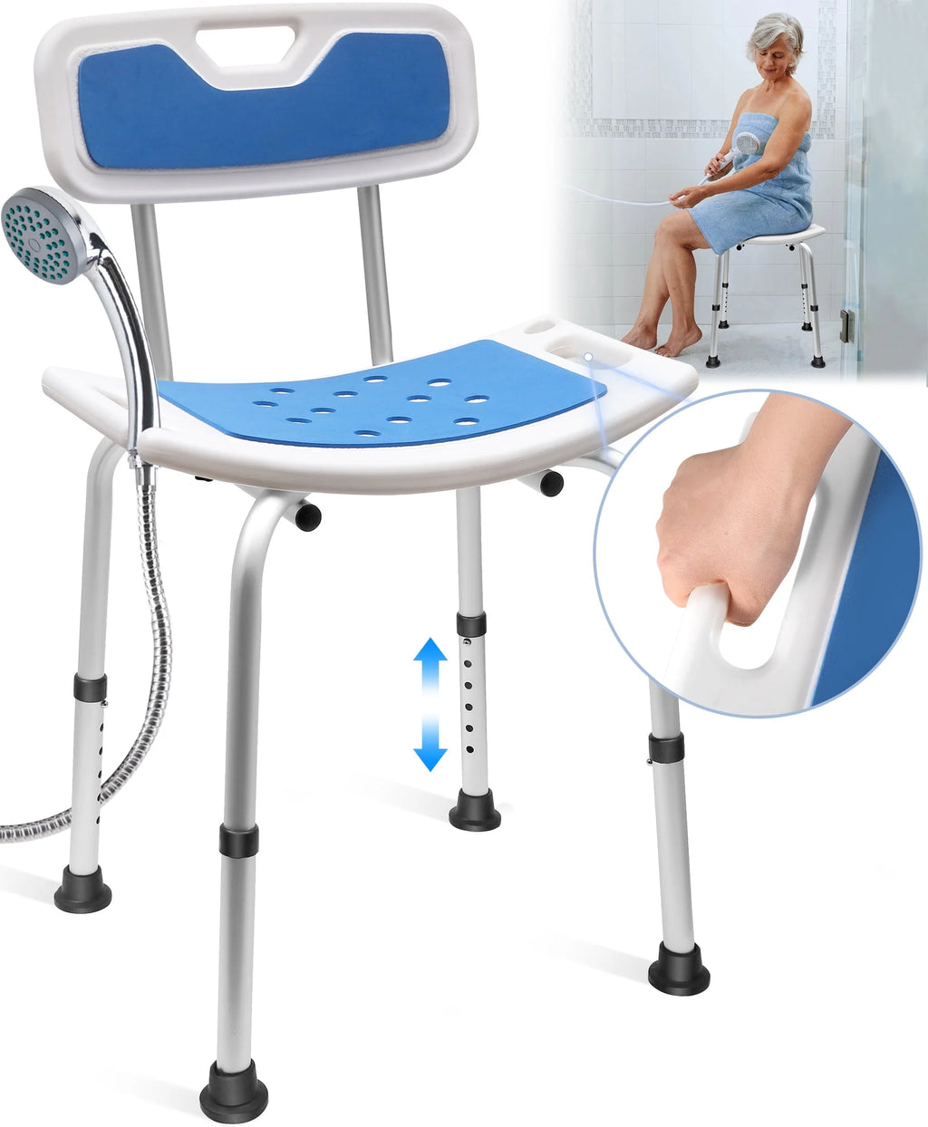Bath and Shower Chair with Back and Padded Armrests, Height Adjustable E286