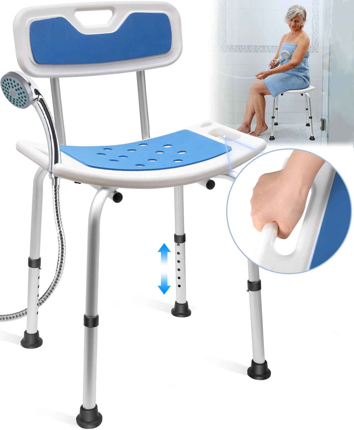 Bath and Shower Chair with Back and Padded Armrests, Height Adjustable E286
