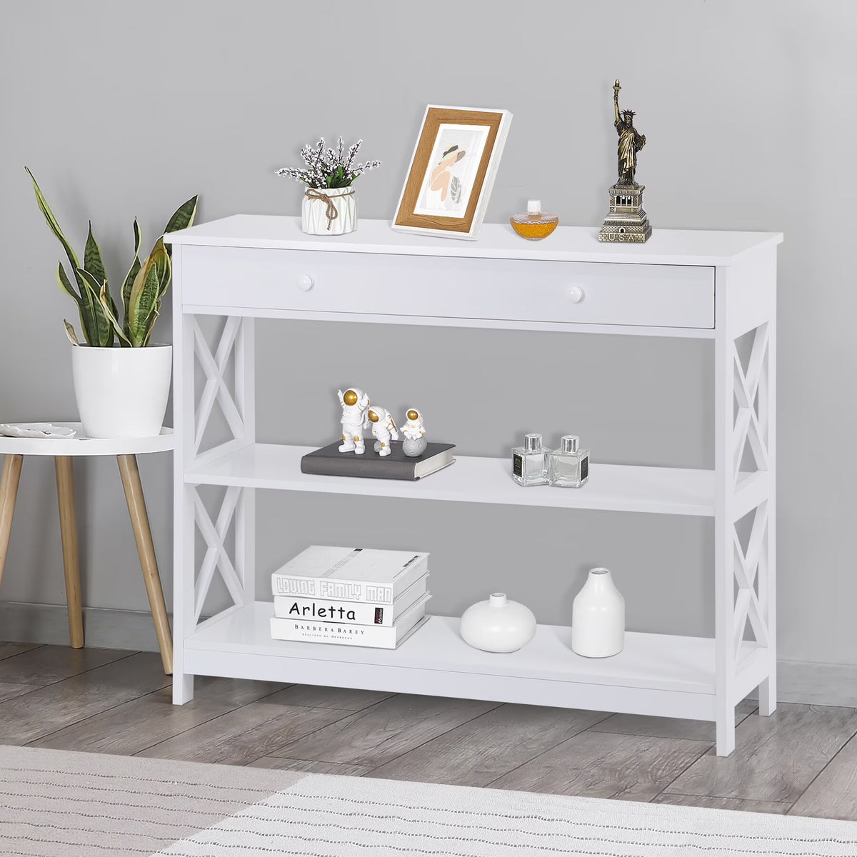 White Wooden Console Table with 1 Drawer and 2 Storage Shelves Y508202