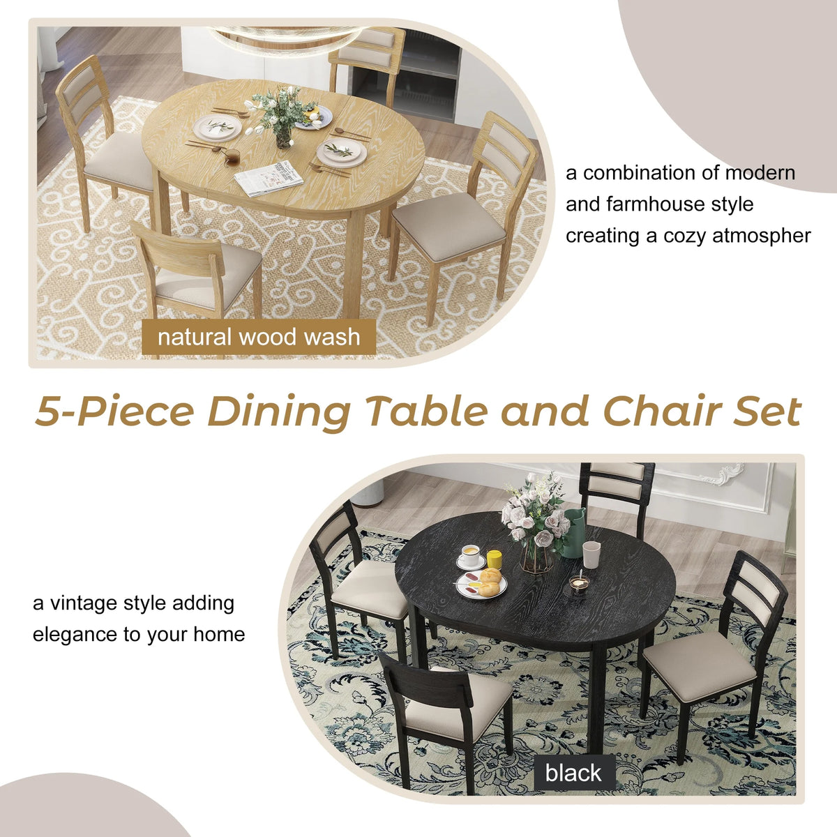 5 Piece Extendable Dining Table Set with 4 Upholstered Chairs Y363