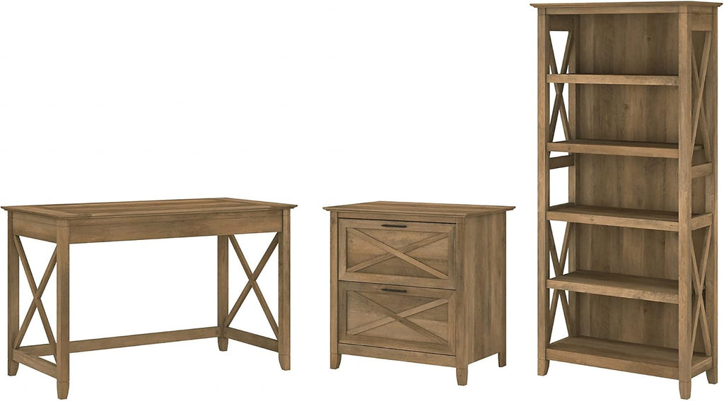 Key West Writing Desk with 2 Drawer Lateral File Cabinet and 5 Shelf Bookcase, Reclaimed Pine G274148