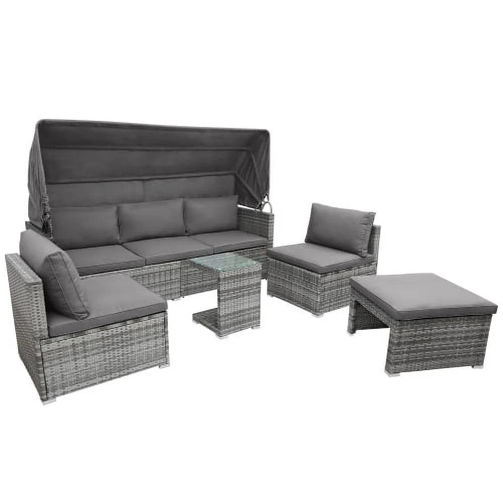 5 Pieces Wicker Patio Conversation Set with Canopy and Glass Side Table Y45036
