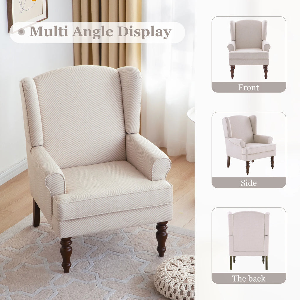 Tan Twill Upholstered Wingback Accent Chair with Solid Wood Legs M86302