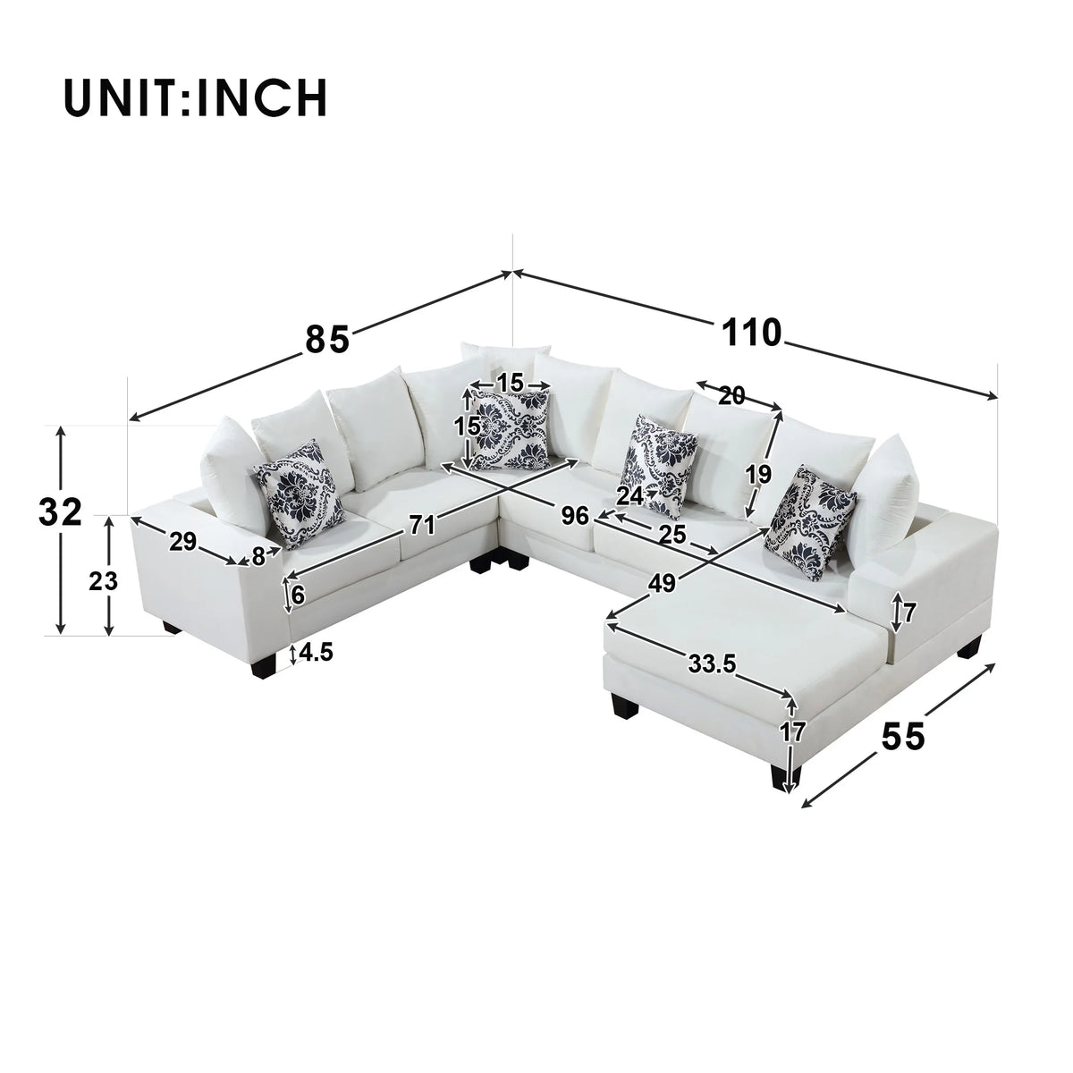 U Shape Velvet Sectional Sofa with Pillows and Chaise Lounge O856