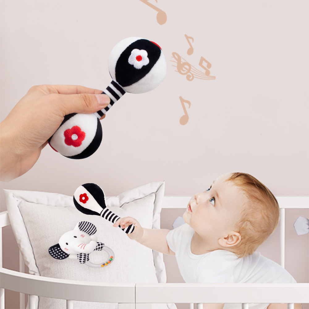 3Pcs Black & White Baby Rattles Set Plush Rattle Toy N961320