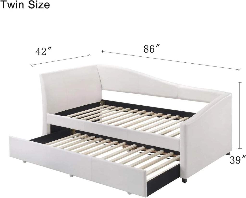 White Faux Leather Upholstered Daybed with Trundle C48898