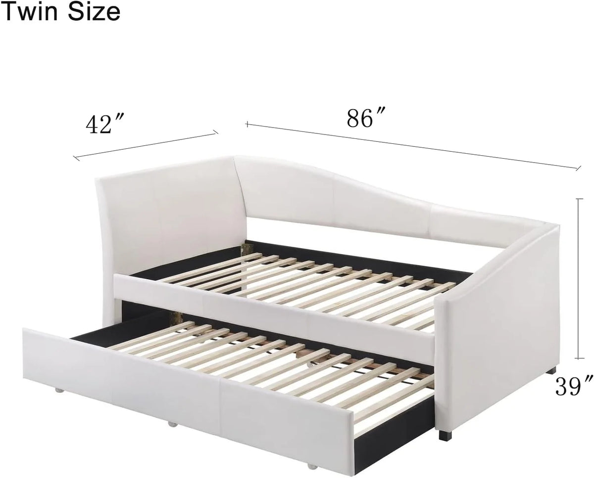 White Faux Leather Upholstered Daybed with Trundle C48898