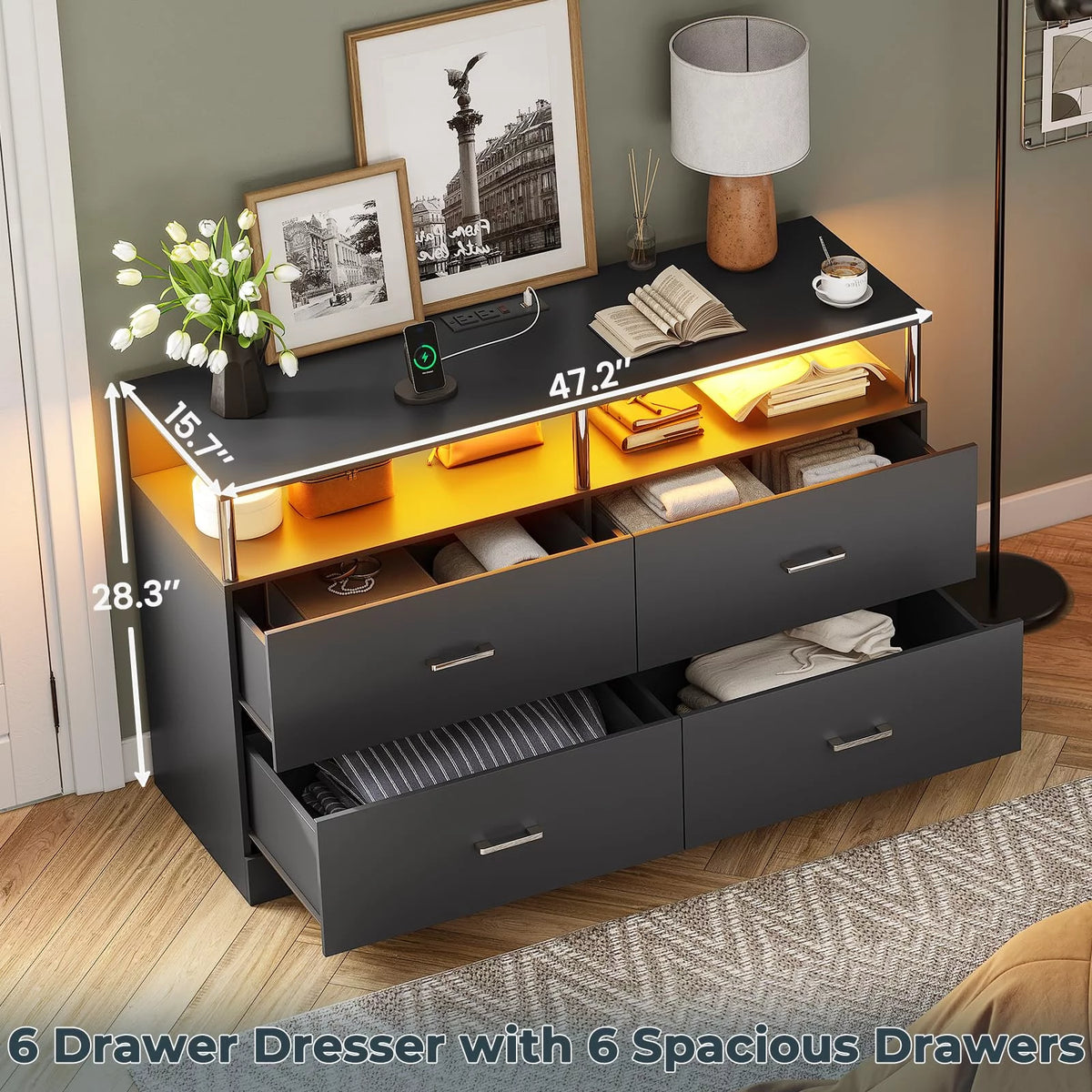 Black 4 Drawer Dresser with LED Lights & Charging Station B563