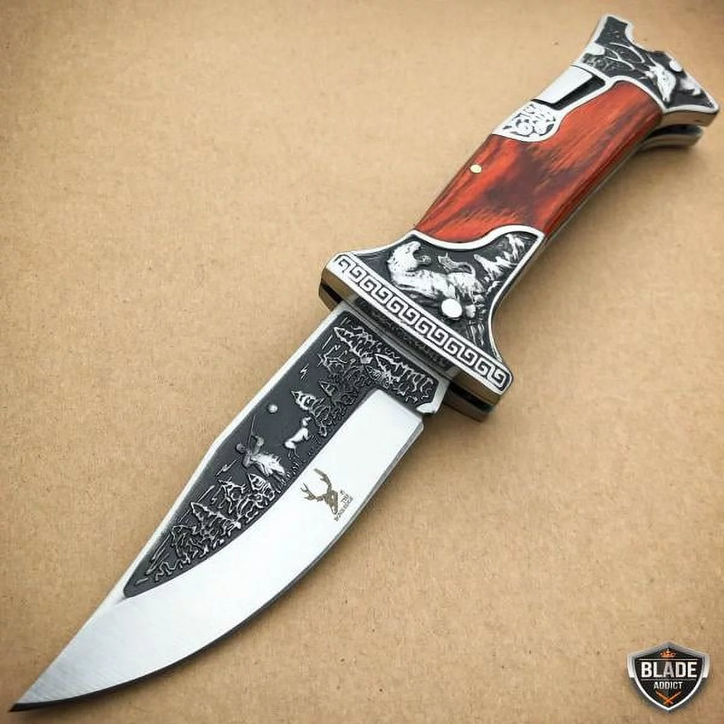 Brown Wood Handle Engraved Blade Lockback Folding Pocket Knife L59661