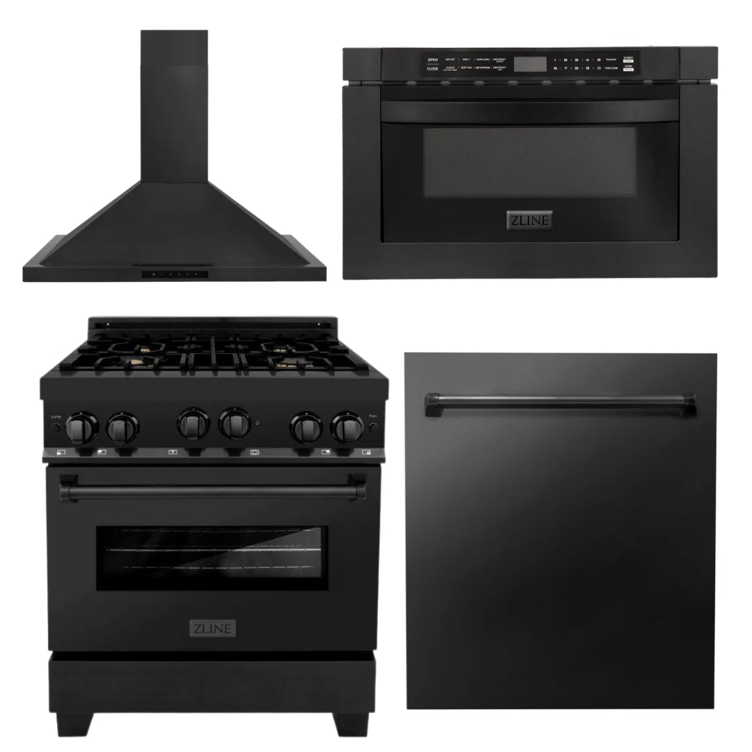 30 in. Black Stainless Steel Gas Range, Range Hood, Microwave Drawer and Dishwasher E1200