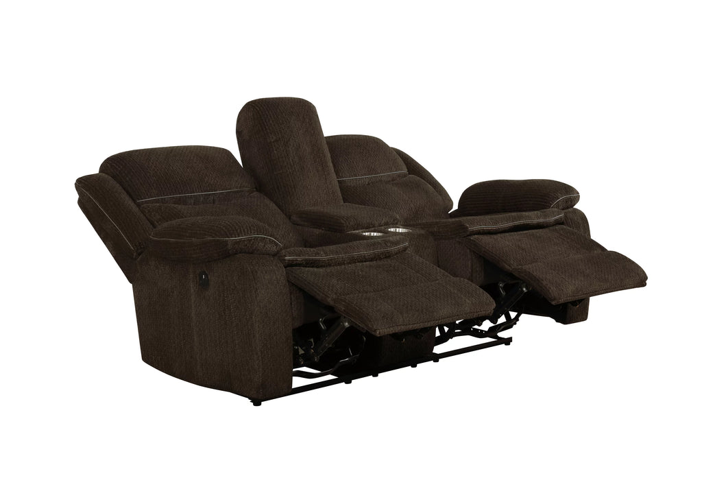Brown Upholstered Power Loveseat with Console O9207