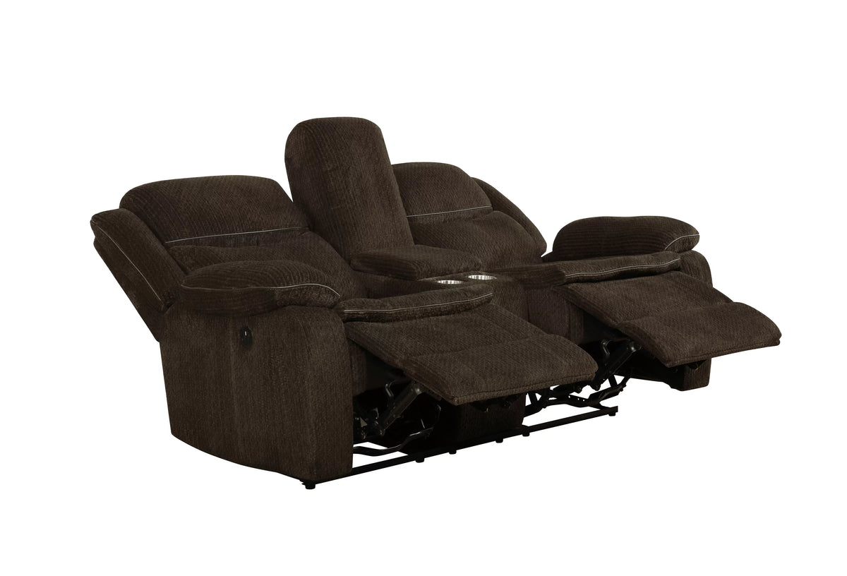 Brown Upholstered Power Loveseat with Console O9207