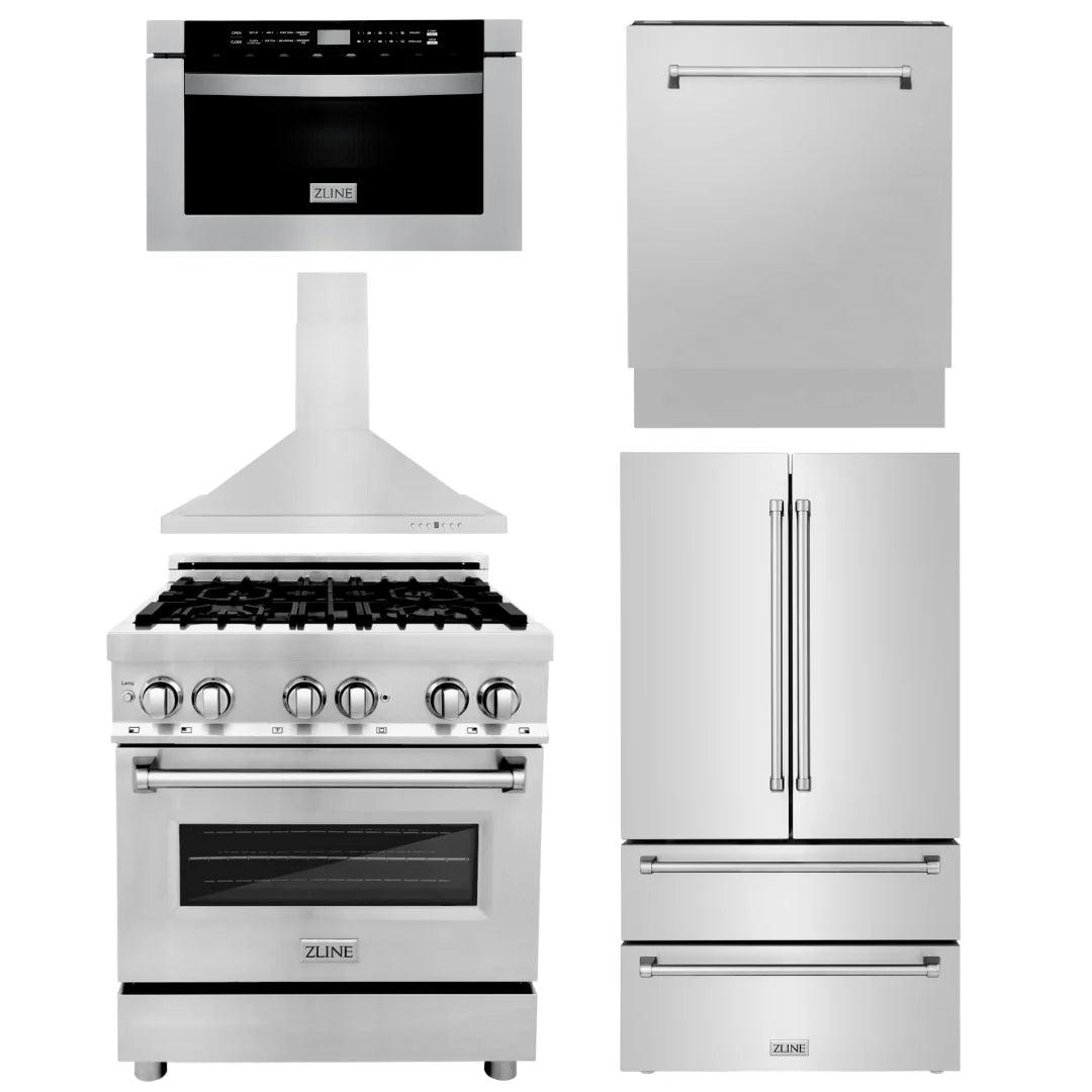 30 in. Dual Fuel Range, Range Hood, Microwave Drawer, Dishwasher, Refrigerator J250198