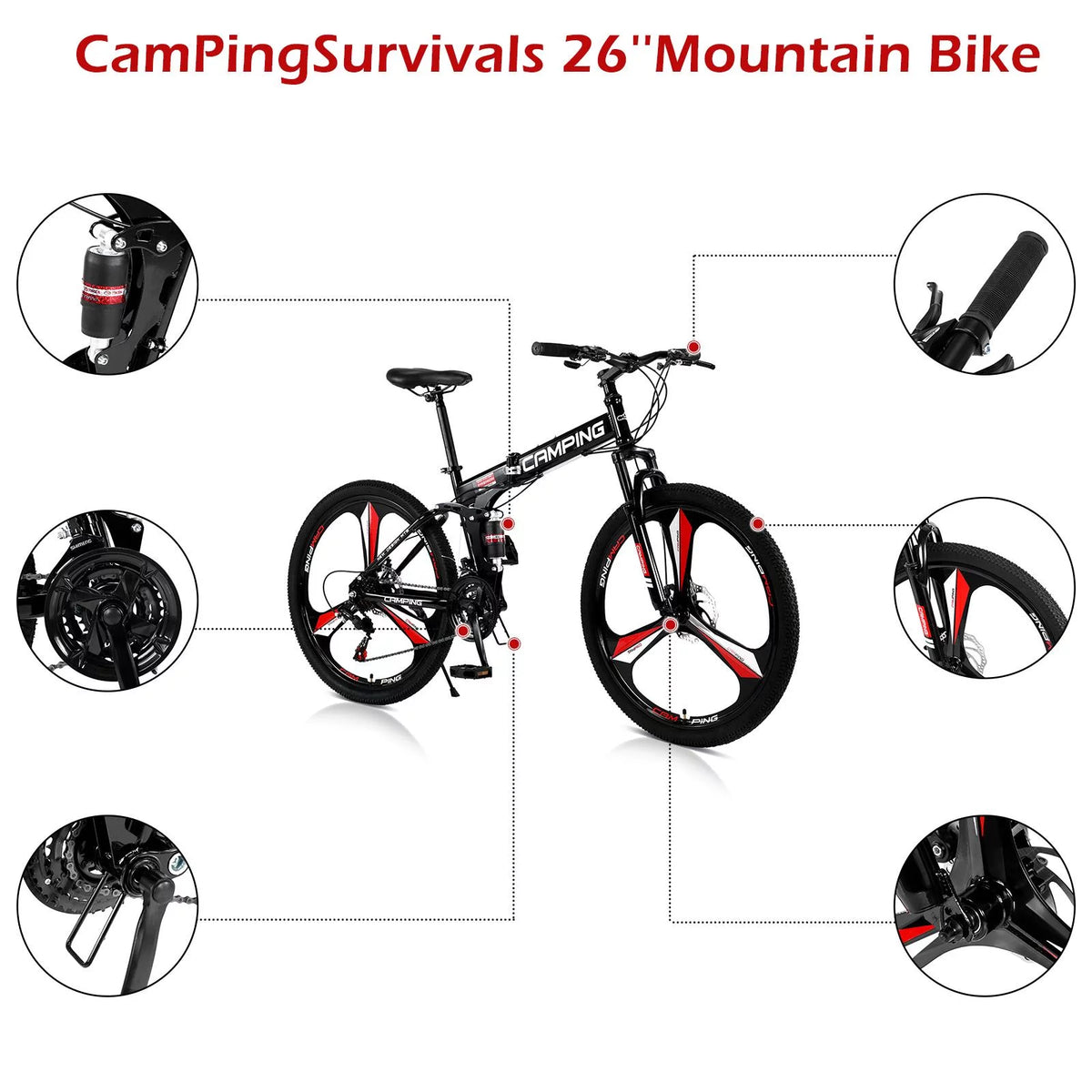 26 inch 21 Speeds Folding Mountain Bike High Carbon Steel Red U269