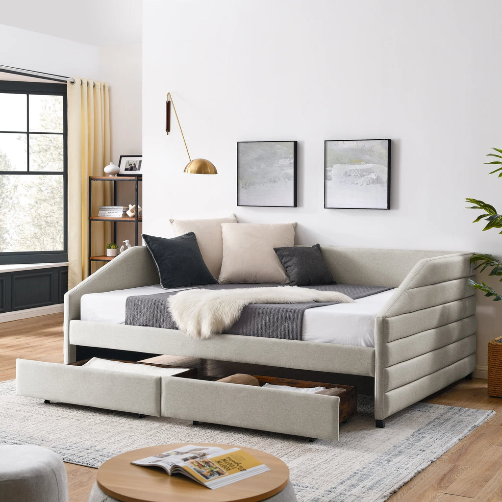Queen Size Beige Linen Upholstered Daybed with Trundle B8308