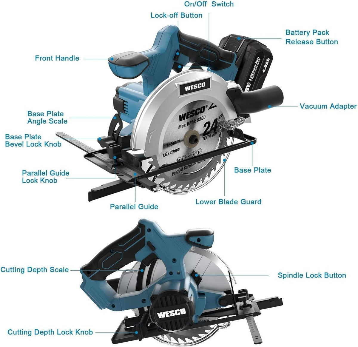 20V 4.0Ah Cordless Circular Saw, 6-1/2", 4000RPM, 0-45° Bevel, with Charger, Vacuum Adaptor, Parallel Guide, Wood Cutting Blades (24T / 40T), Pack of 2 J6858