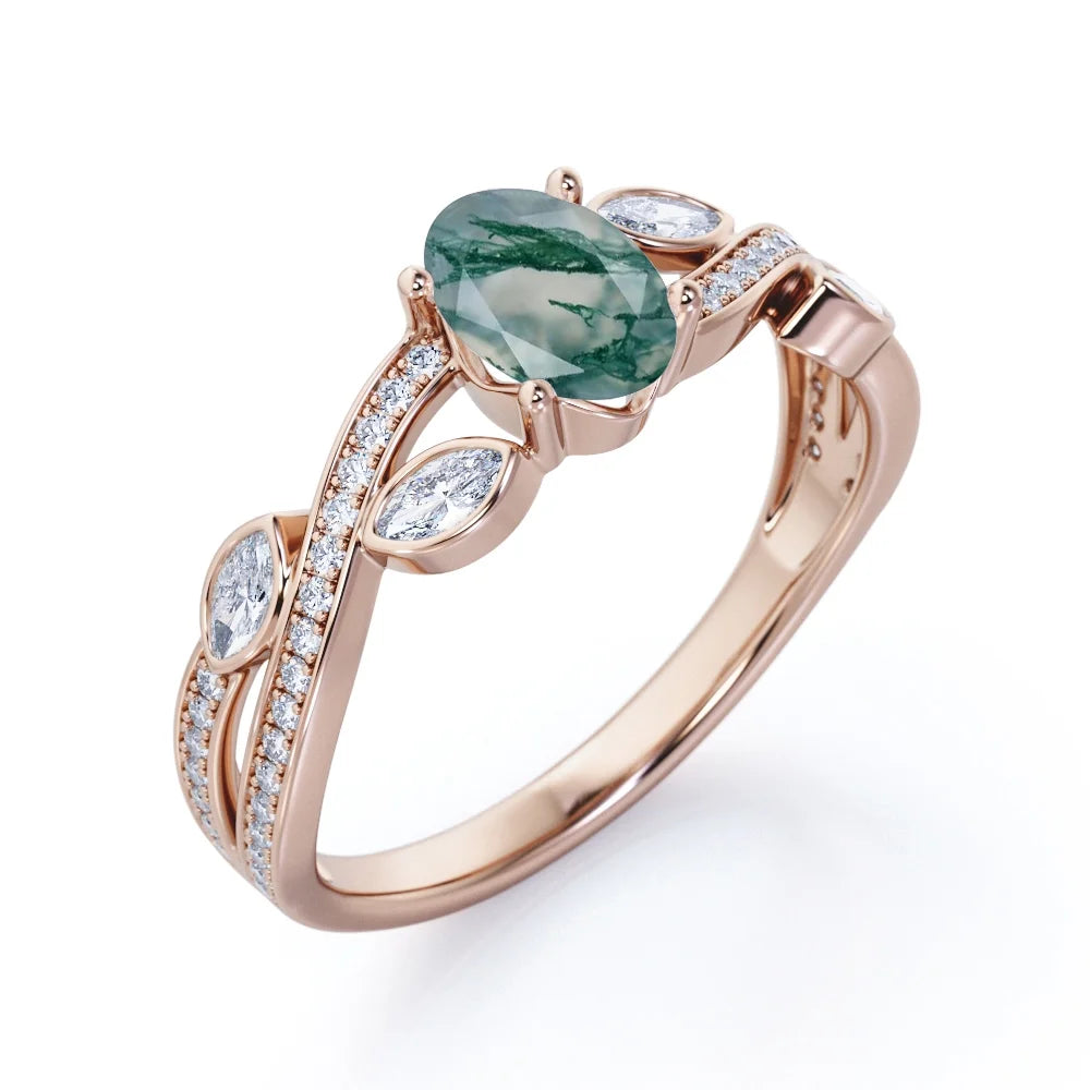 1.5 Carat Oval Moss Green Agate And Moissanite Engagement Ring In 18K Rose Gold Plating Over Silver T832571