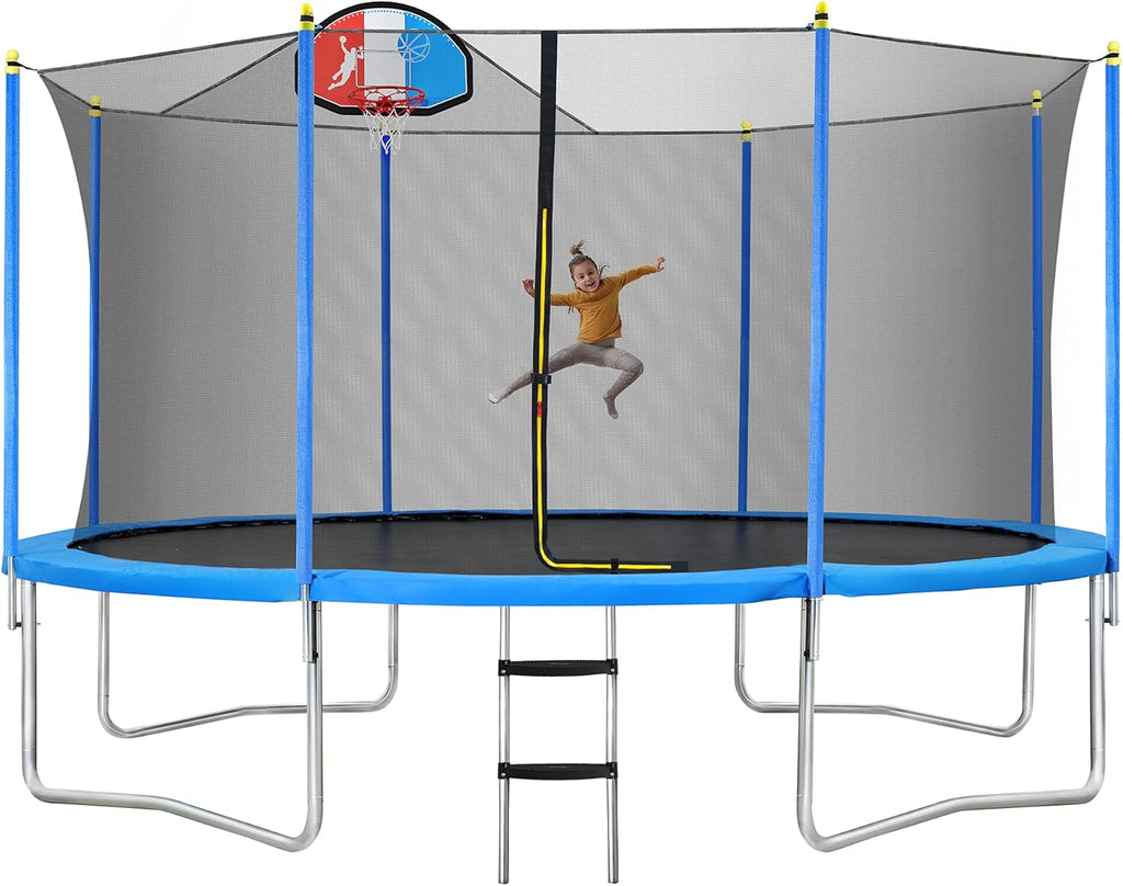 8FT 10FT 14FT 15FT 16FT Trampoline with Safety Enclosure Net, Basketball Hoop and Ladder S98890