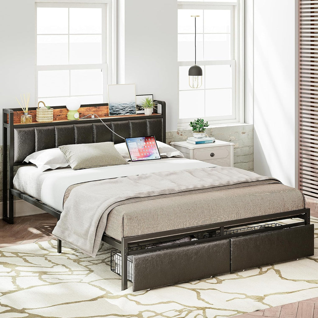 King Storage Bed Frame with Charging Station and Drawers I3258