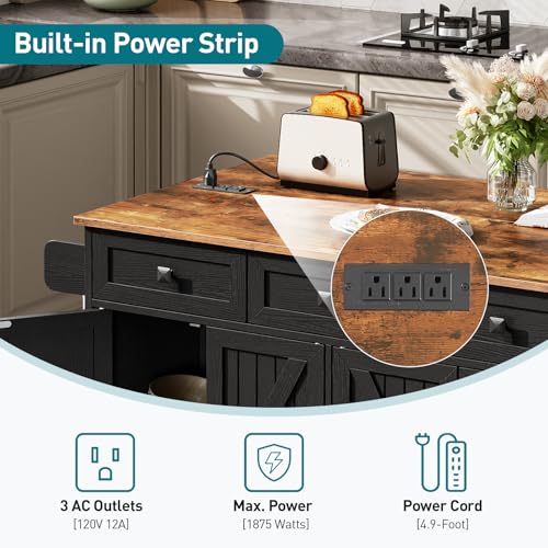 White and Walnut Kitchen Island with Drop Leaf, Charging Station, 3 Drawers and Storage C384