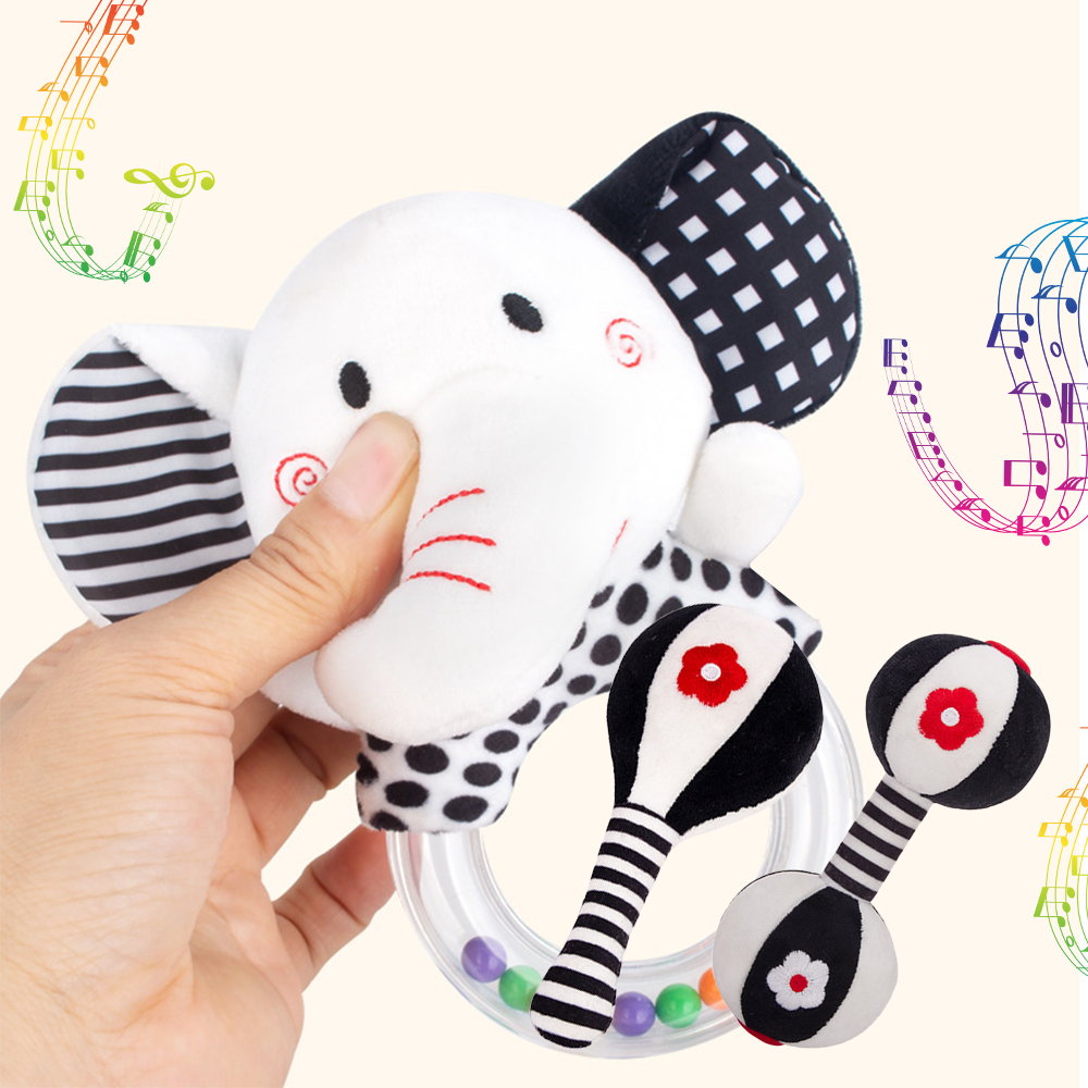 3Pcs Black & White Baby Rattles Set Plush Rattle Toy N961320
