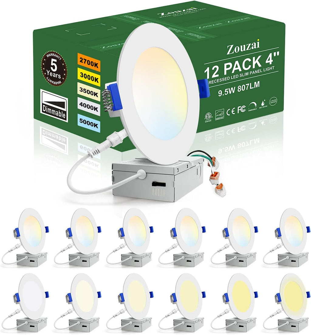 12 Pack 4 Inch 5CCT Ultra-Thin LED Recessed Ceiling Light with Junction Box, 9.5W 80W Eqv, Dimmable S844