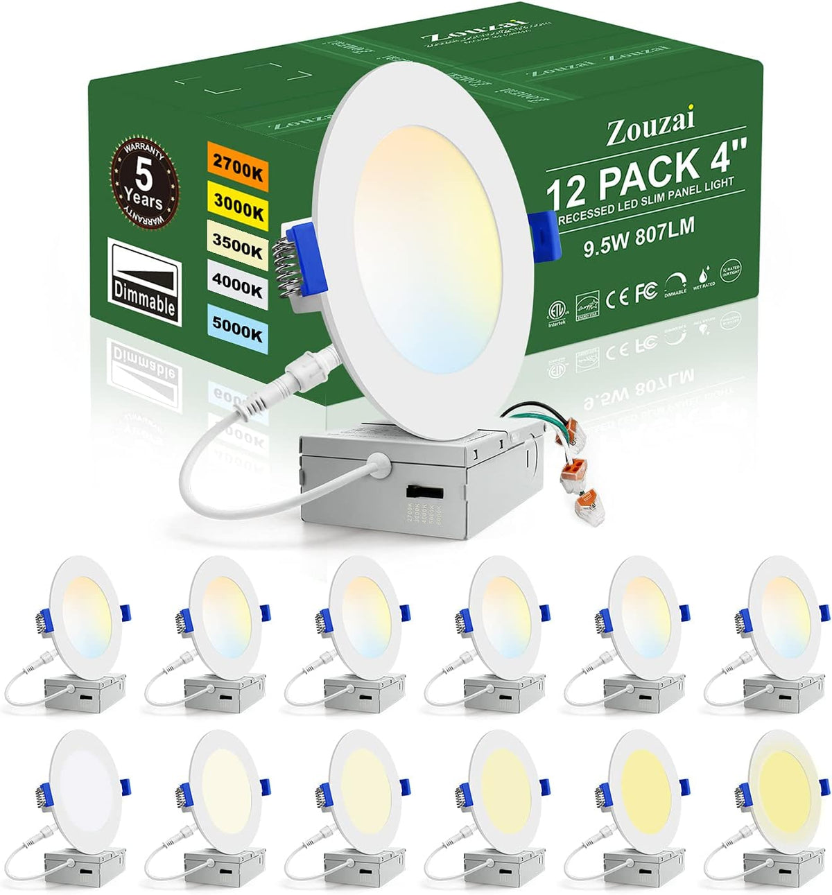 12 Pack 4 Inch 5CCT Ultra-Thin LED Recessed Ceiling Light with Junction Box, 9.5W 80W Eqv, Dimmable S844