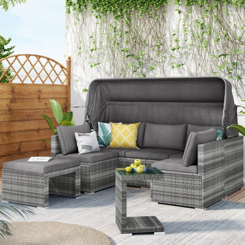 5 Pieces Wicker Patio Conversation Set with Canopy and Glass Side Table Y45036