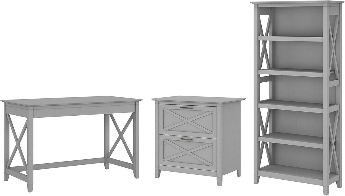 Key West Writing Desk with 2 Drawer Lateral File Cabinet and 5 Shelf Bookcase, Reclaimed Pine G274148
