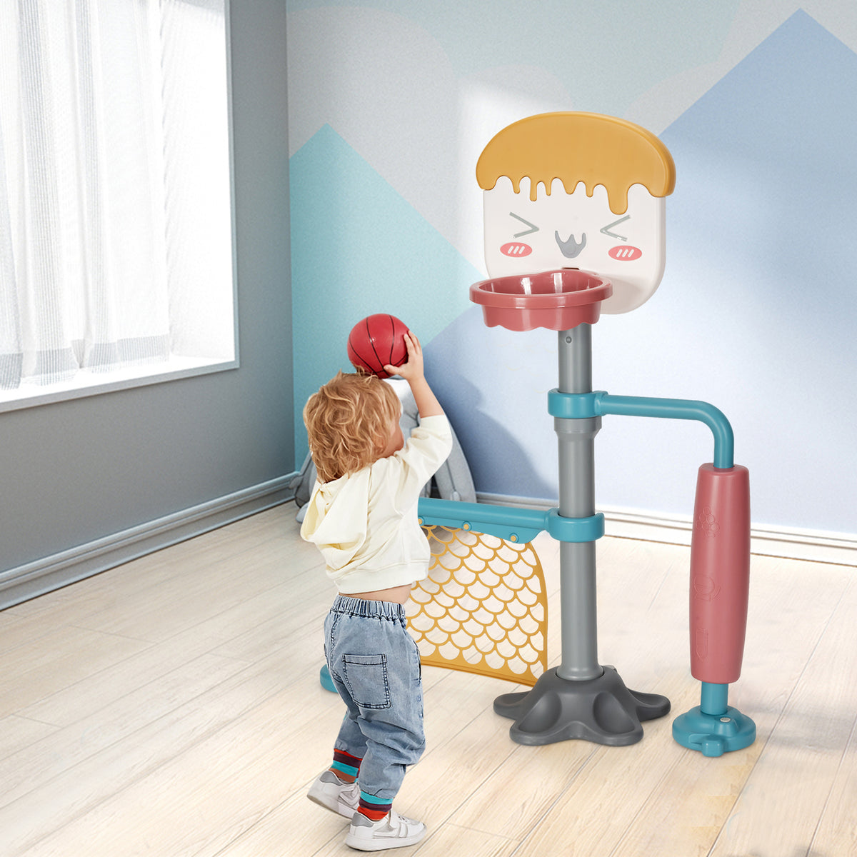 Adjustable Kids Basketball Stand Set Soccer Goal Stand Game Set Indoor Outdoor E330710