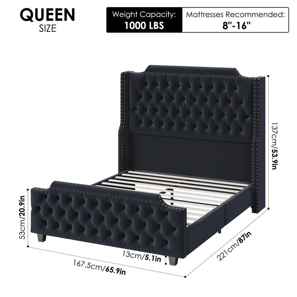 Queen Size Velvet Button Tufted Upholstered Bed with Headboard G90833