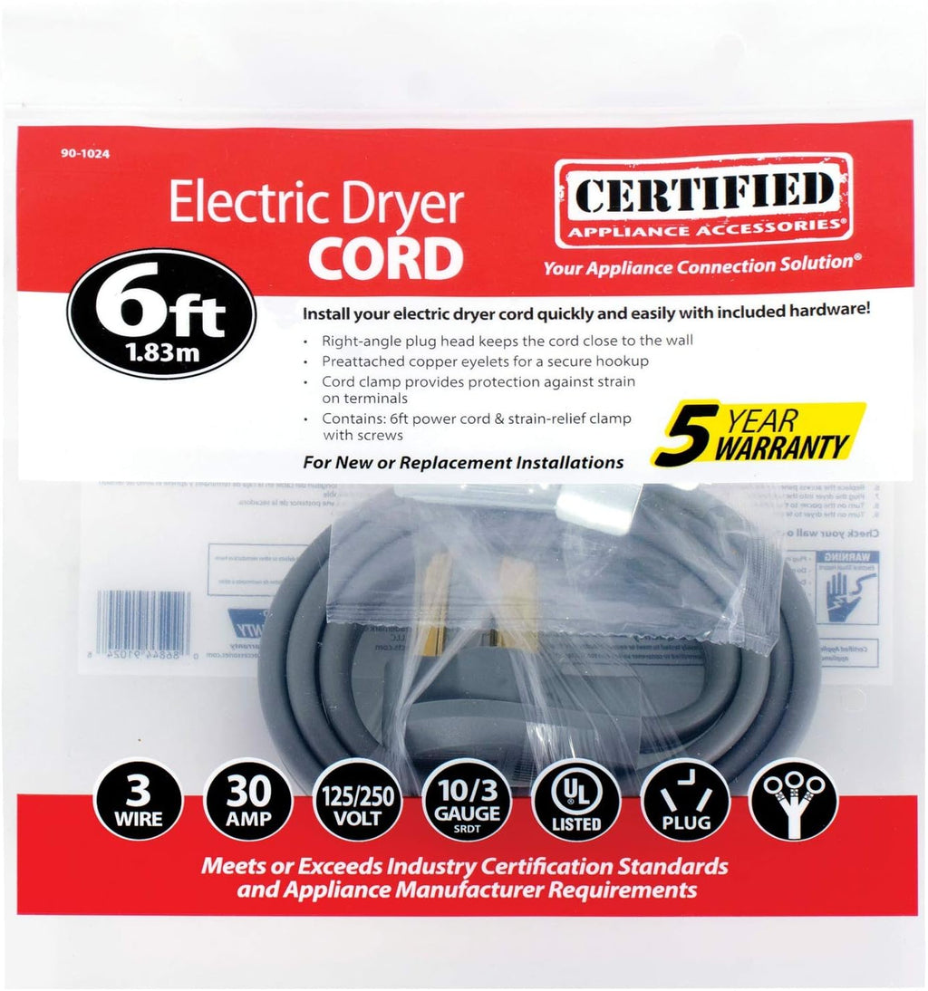 6 Foot 30-Amp Dryer Cord with 3 Eyelet Connectors A7618