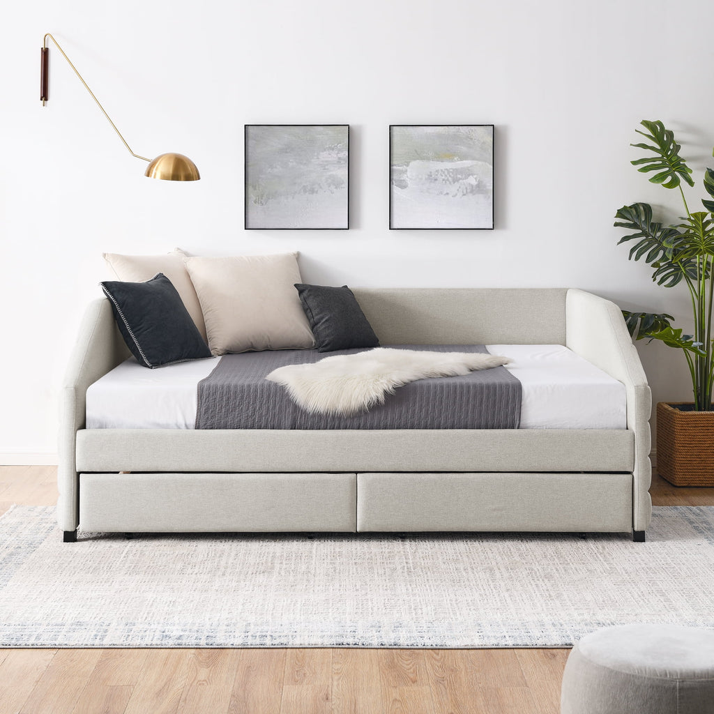 Queen Size Beige Linen Upholstered Daybed with Trundle B8308