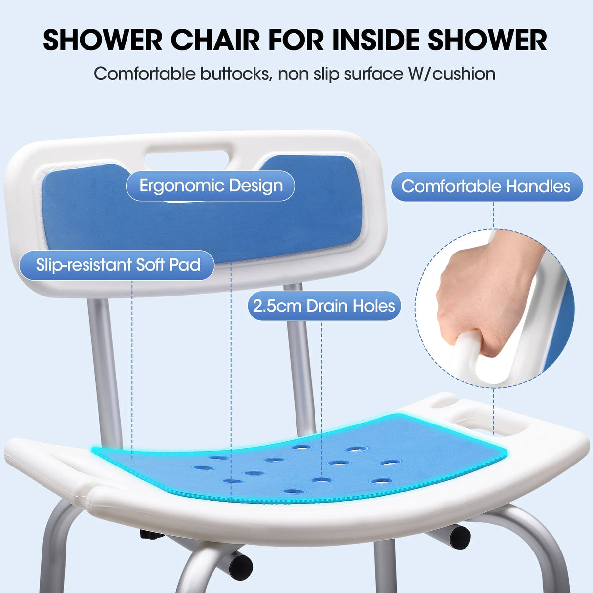 Bath and Shower Chair with Back and Padded Armrests, Height Adjustable E286