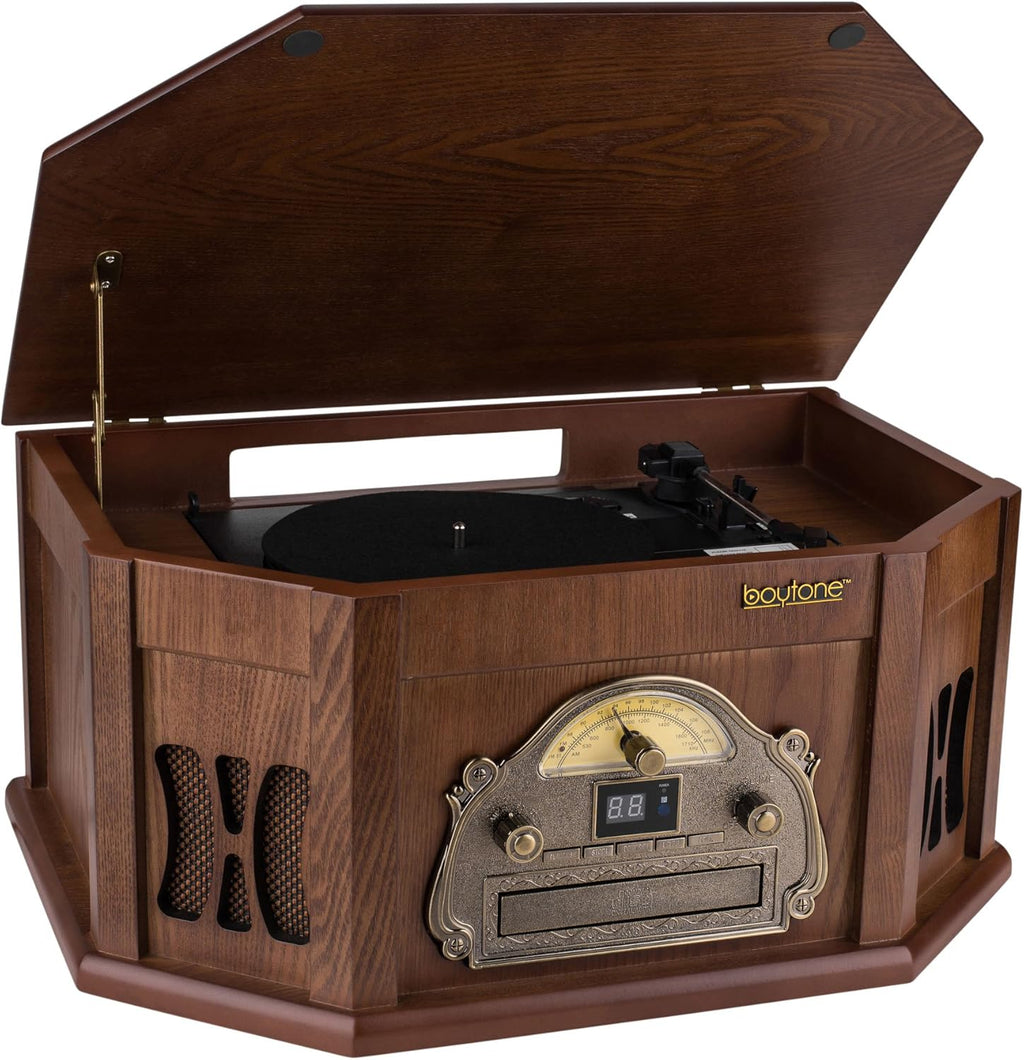 8-in-1 Natural Wood Turntable Stereo System with Bluetooth N411